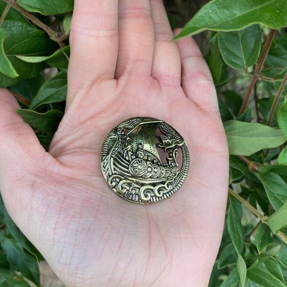 Vintage Viking Inspired Brooch, Engraved Detailing, Gold  Tone, Water Dragon - Picture 2 of 4